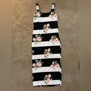 Medium, black and white stripe with pink roses, tank top sundress